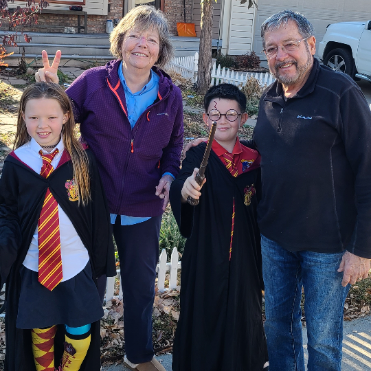 Mary Ann, Don and her grandchildren Mira and Vaughn - Halloween 2020, Parker CO