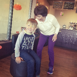 Mary Ann and her oldest grandson, Vaughn, in her favorite Parker coffee shop, April 2018