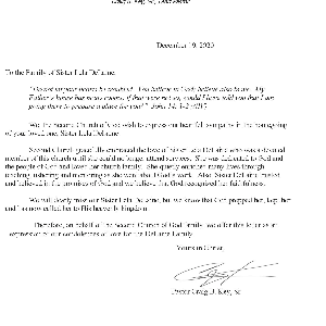 Condolence Letter from Second Street Church of God