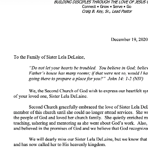 Condolence Letter from Second Street Church of God