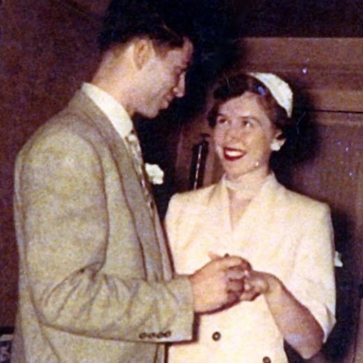Mom and Dad on their wedding day - August 7, 1954. They eloped. The dress actually belongs to my Mom’s twin sister, Janice. I wore the dress during the party celebrating my parents 50th anniversaries