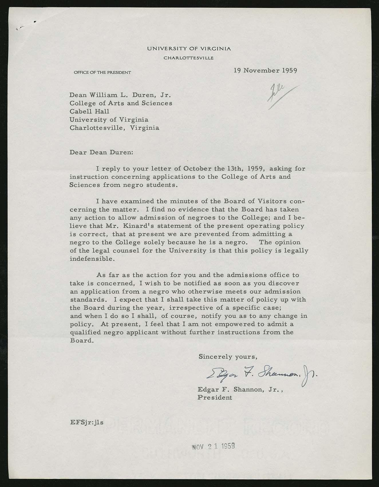 UVA Pres. Shannon Letter re: RW 'separate but equal', 1959