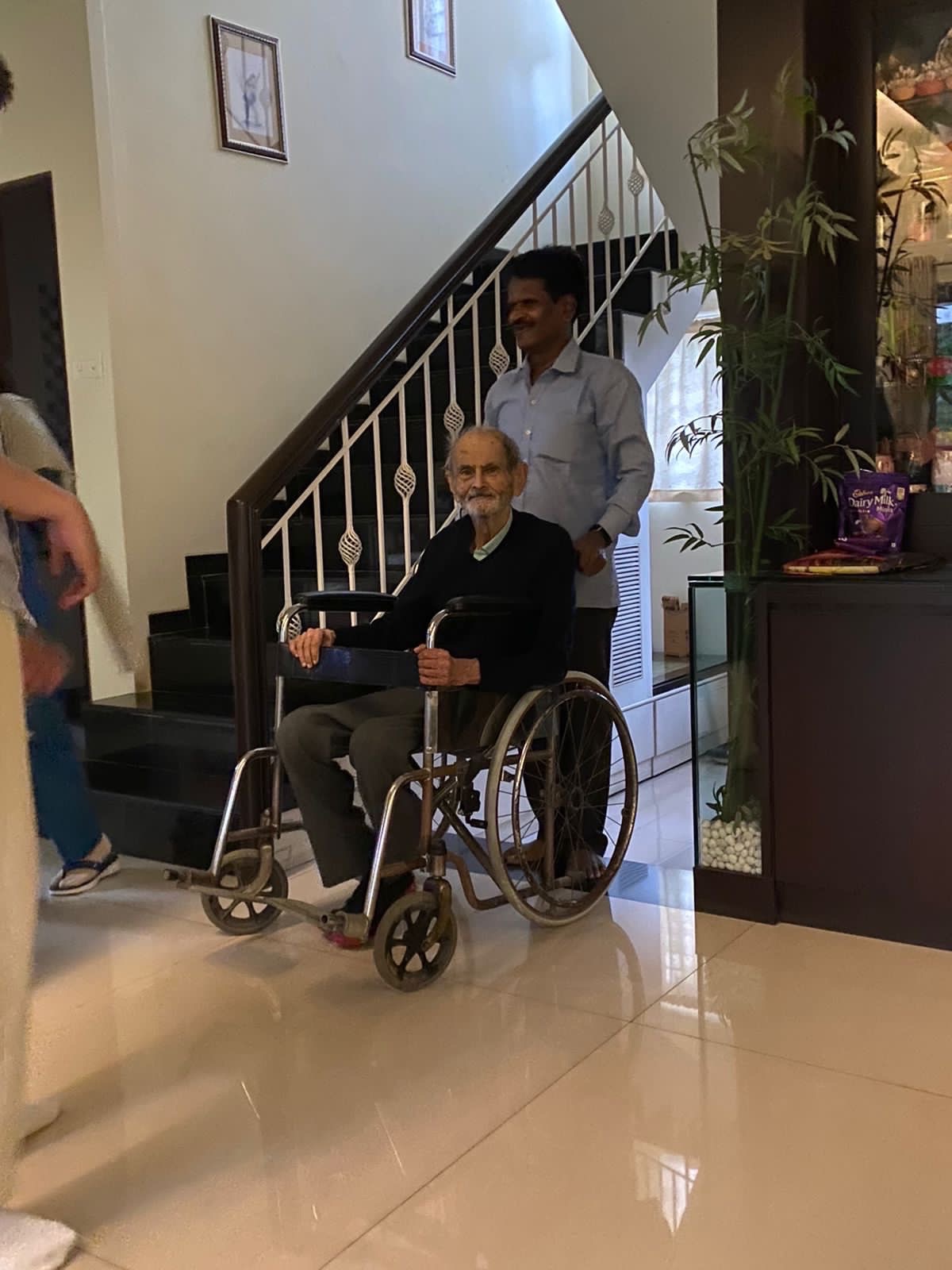 Dada’s last photo: after coming back from his evening “walk” (now in a wheelchair), Pune Home, March 2024