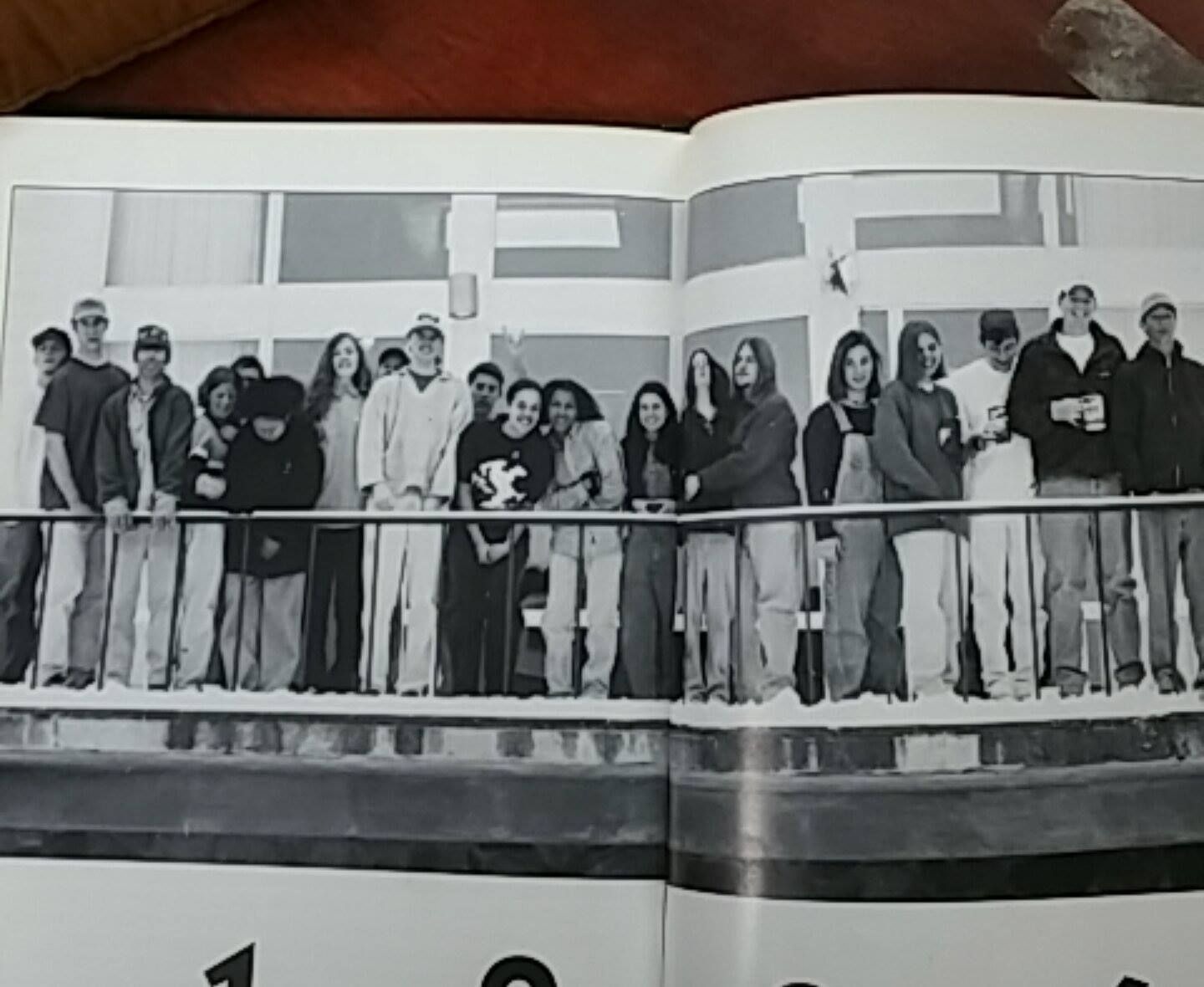 High School yearbook photo from The White Mountain School in Littleton, NH- can you spot him? Hint- he had LONG hair! Second in from the left on the right hand page.
