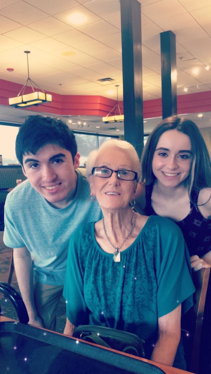 Nana with her grandchildren, Natalie and Nicholas.
This is my favorite picture of my brother Nicholas and I with her at Luby’s. My Nana helped raise us two while our parents were at work. She taught me a lot of things, like making scrambled eggs in the morning, and washing the dishes. I’m a pro at it now! She also taught me about the Bible and got me closer to god. She was the best grandma you could ask for. She was always happy and always made sure her grandkids and family was taken care of. My favorite dish she made when I came over to spend the night was rigatoni’s. She loved to make her house look nice and cute during the holidays, I loved her Christmas and Halloween decorations. I remember she would clean my stuffed animal doggie and I would get so worried when he was in the washer and dryer, but she told me that he will be ok and he would be happier all nice and cleaned. She took good care of me and my brother. I will miss her everyday and I know that she is watching over me and the family. I love you so much nana, I will always be your sweet girl. Forever in my heart.
Natalie Rondinaro