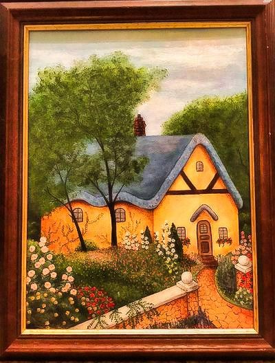 This is one of mom's cottage paintings, inspired by Shakespeare's wife, Anne Hathaway's birthplace.
