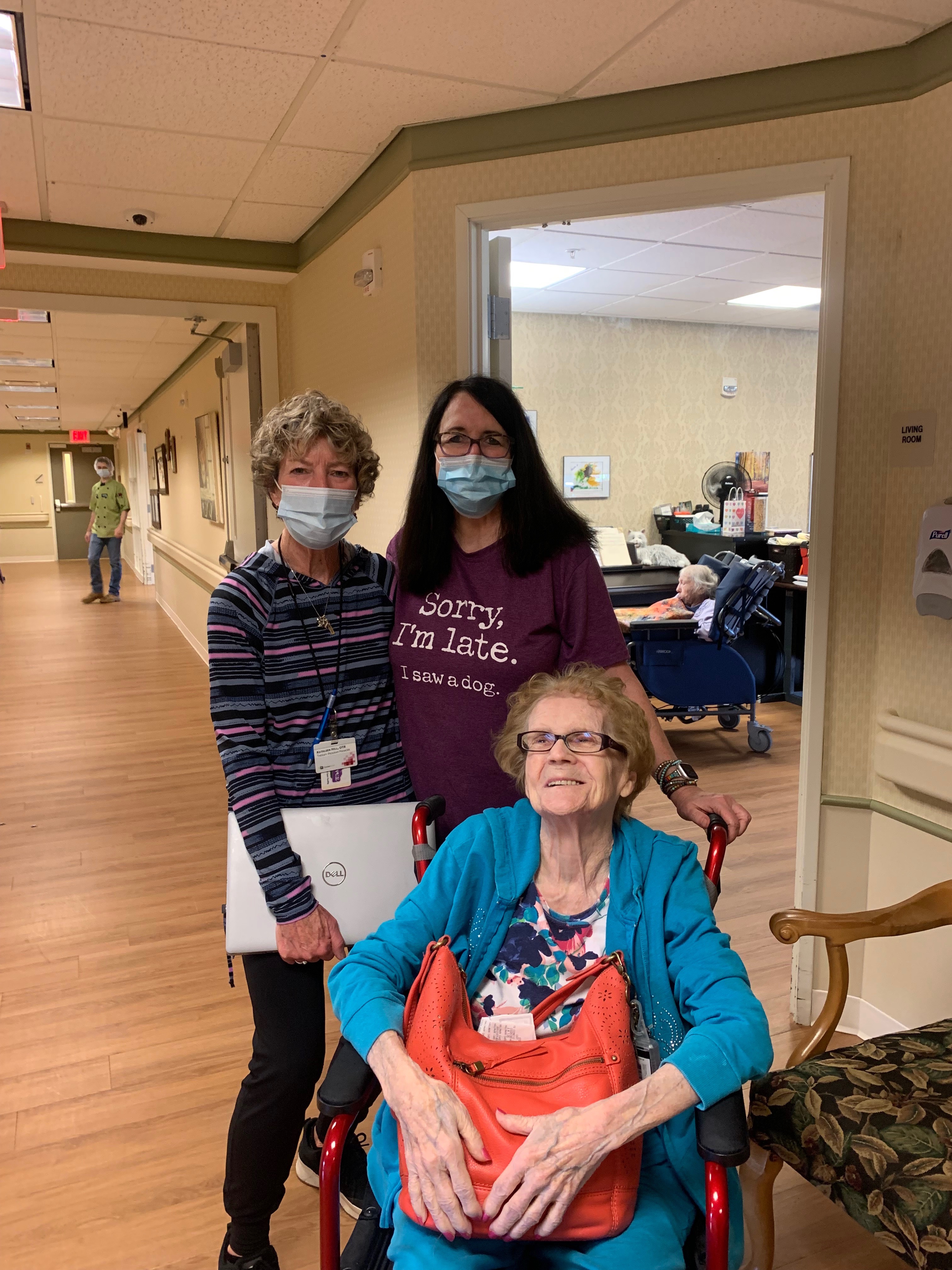 Graduation Day …at the age of 89 and blind, she successfully completed 2 mos of rehab last autumn after falling and fracturing her upper thigh /hip. Pictured is our friend and Occupational Therapist Kathy.