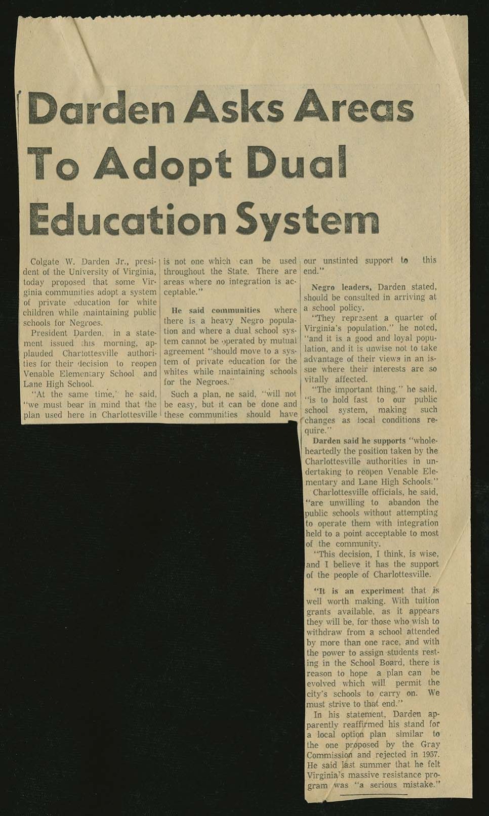 Article: UVA Pres. Darden Quoted Justifying 'Separate but Equal' (dual system: private schools for Whites, public schools for Blacks)