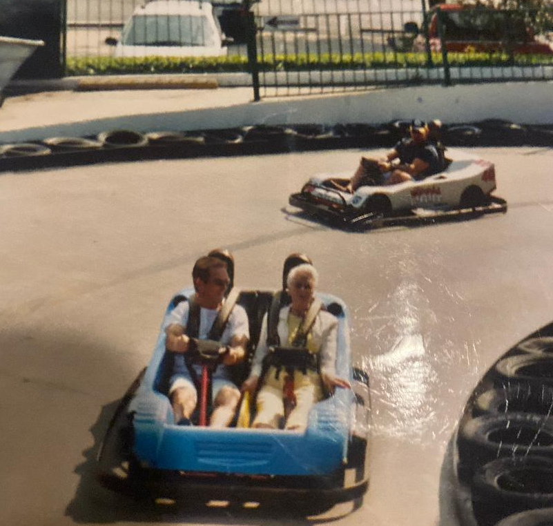 Eric and Mom Go-carting early 2000s.
Mom: "Eric, I think you better slow it down !"
Eric: "Mom its a race and were in first place."
Mom: "I don't care! Slow it !!"