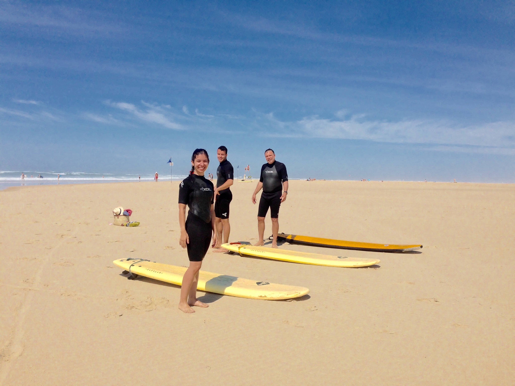 Mozart, Matheus and Roberta on the beach for surfing. La Teste-de-Buch, Gironde, France.