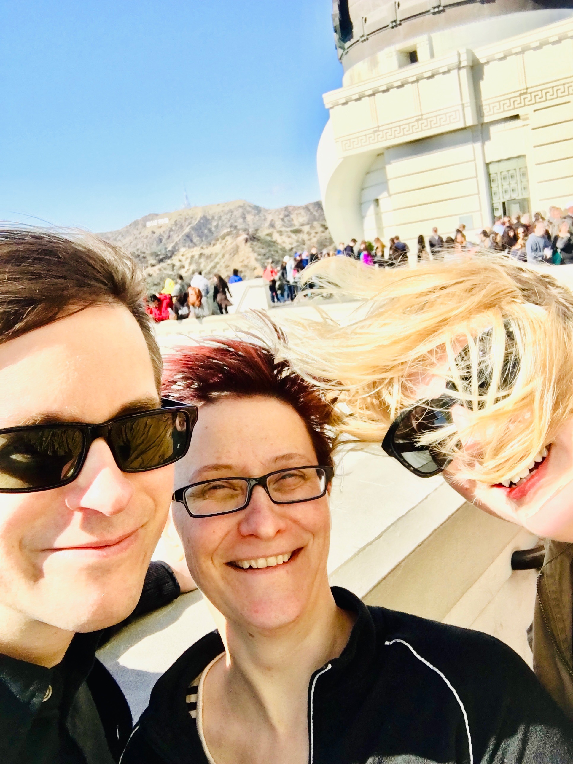 Jonathan, Kelly and Meg’s hair on a windy day at the Griffith Observatory, LA 2018
