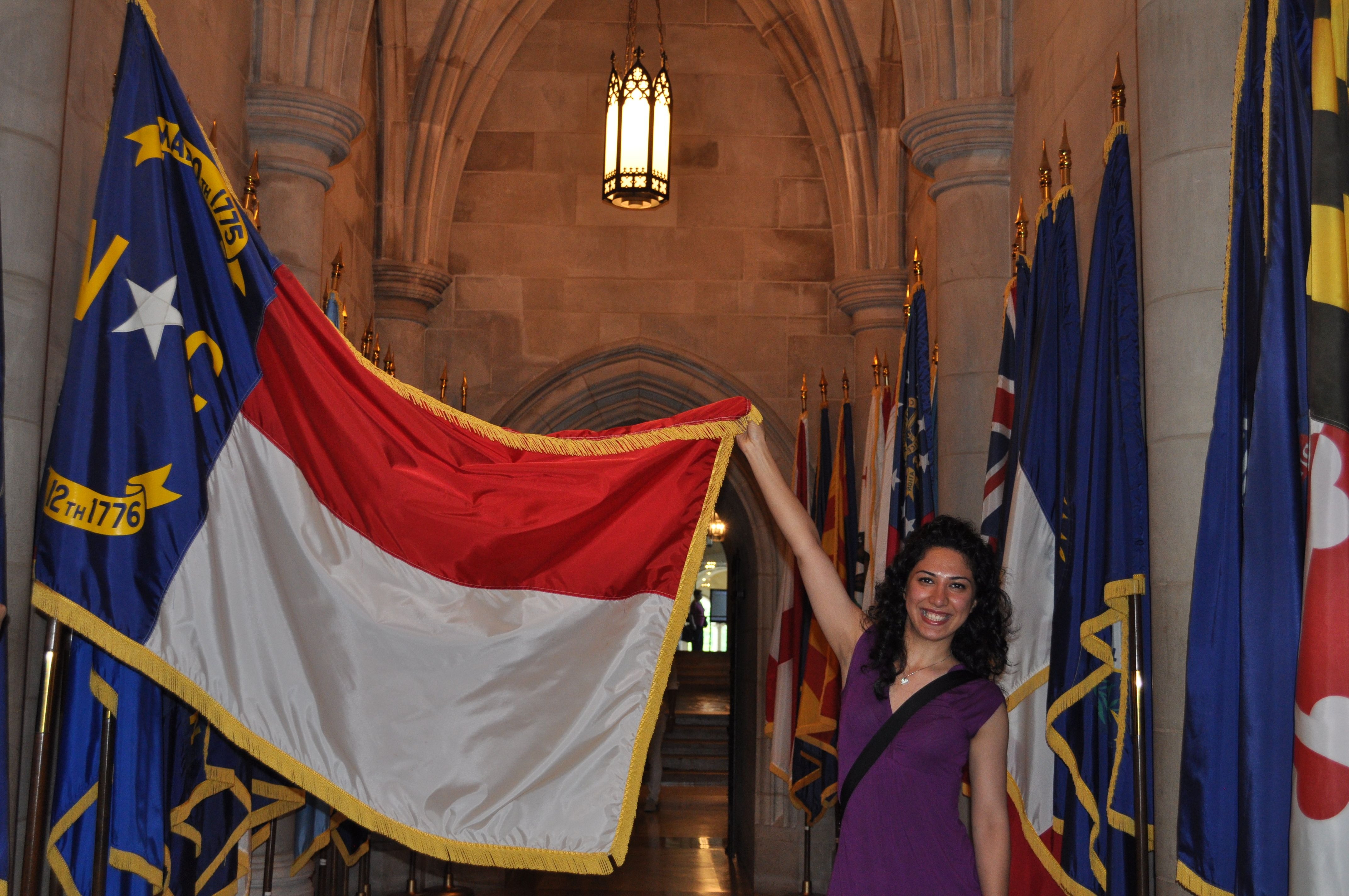 Picking up North Carolina flag, National Cathedral, Washington DC, August 2011.
