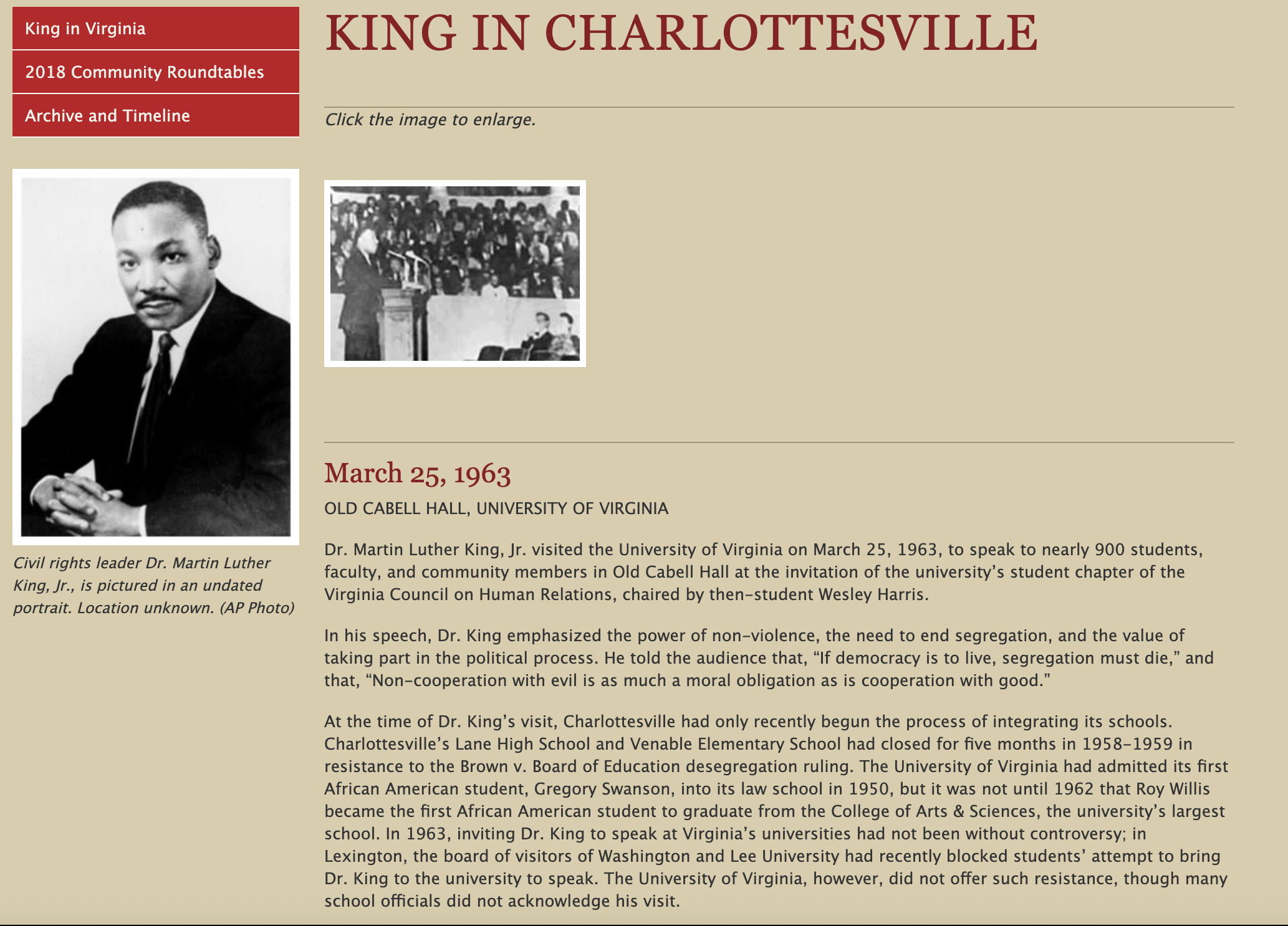 Article: Dr. MLK Jr. at UVA, Roy Willis reference, 1963