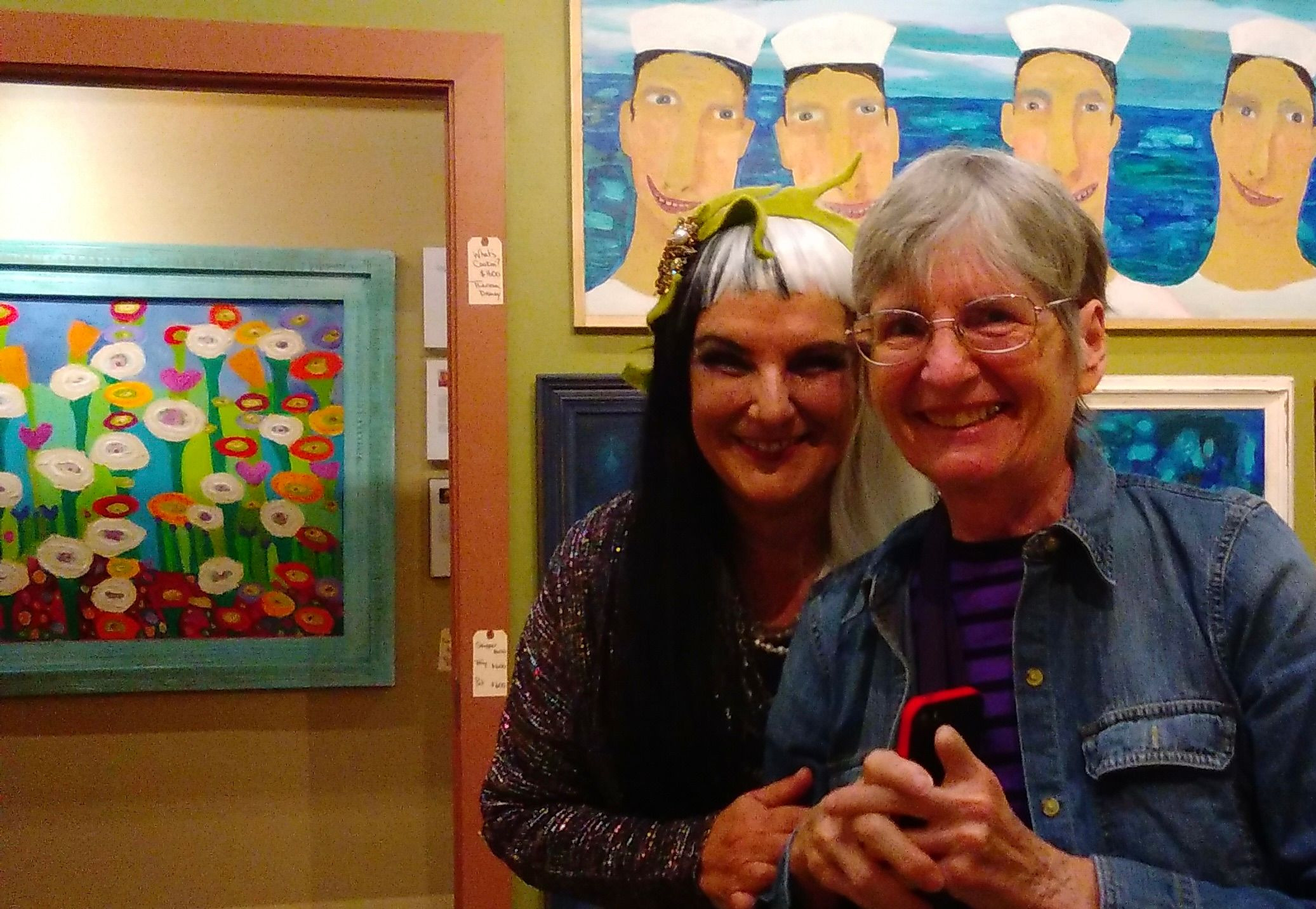 Darlene with folk artist Theresa Disney at the opening of her show at Jeanine Taylor Folk Art in Sanford, January 2017. She loved Theresa’s art as much as I do and purchased a painting of birds.