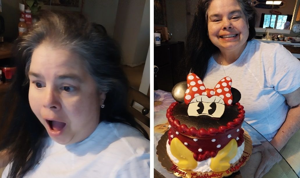 This is her face reacting to the Minnie Mouse Birthday cake I bought for her one year. She was blown away.